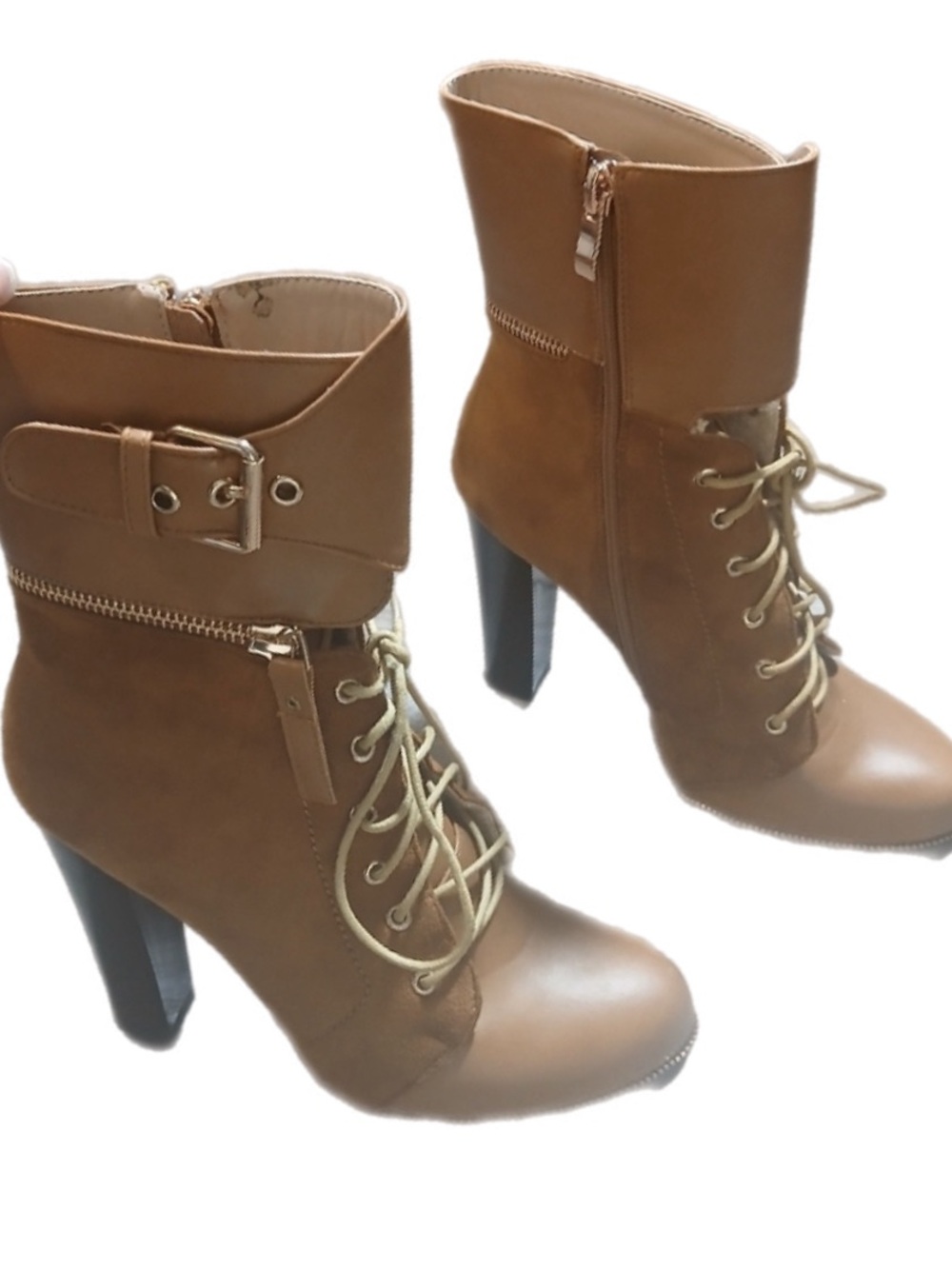 Italina buckle Tan Heeled lace up Boots